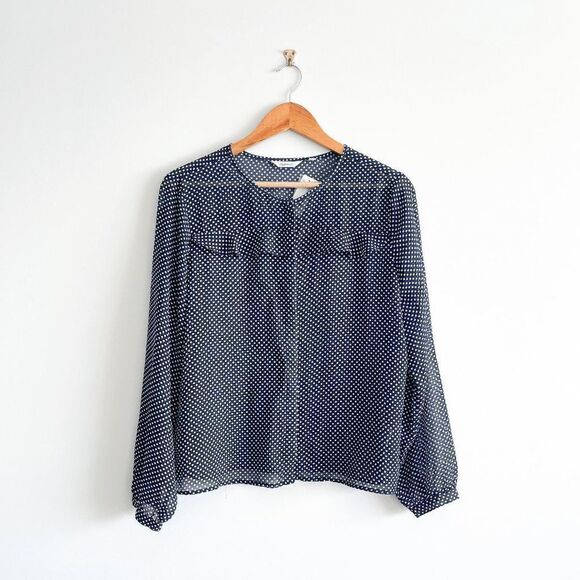 Reitmans Womens Blouse Long Sleeve Ruffled Polka Dots Blue Medium - Picture 2 of 9